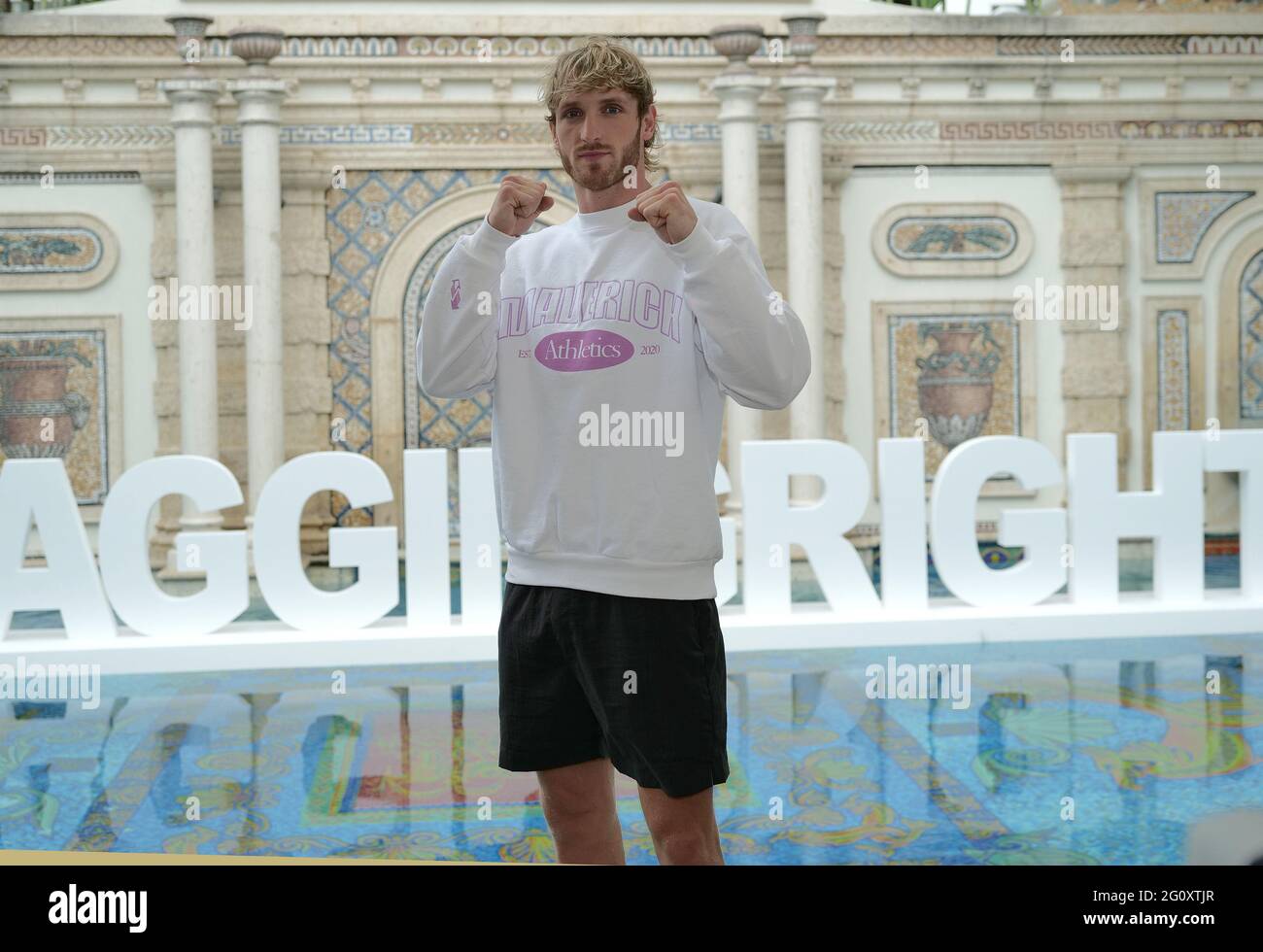 Miami Beach, United States. 03rd June, 2021. Logan Paul meets with the media during a presser at the Villa Casa Casuarina the former Versace Mansion on Ocean Drive Thursday, June 3, 2021 in Miami Beach, Florida. Photo by Gary I Rothstein/UPI Credit: UPI/Alamy Live News Stock Photo