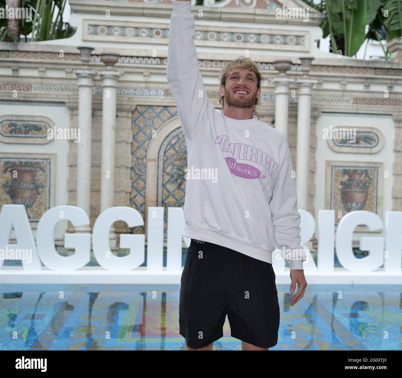 Miami Beach, United States. 03rd June, 2021. Logan Paul talks to the media during a presser at the Villa Casa Casuarina the former Versace Mansion on Ocean Drive Thursday, June 3, 2021 in Miami Beach, Florida. Photo by Gary I Rothstein/UPI Credit: UPI/Alamy Live News Stock Photo
