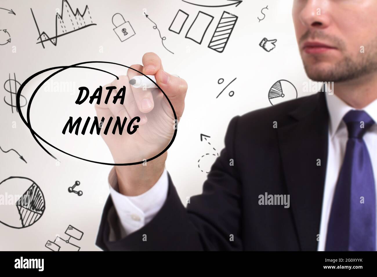 Business, technology, internet and network concept. Young businessman thinks over the steps for successful growth: Data mining Stock Photo