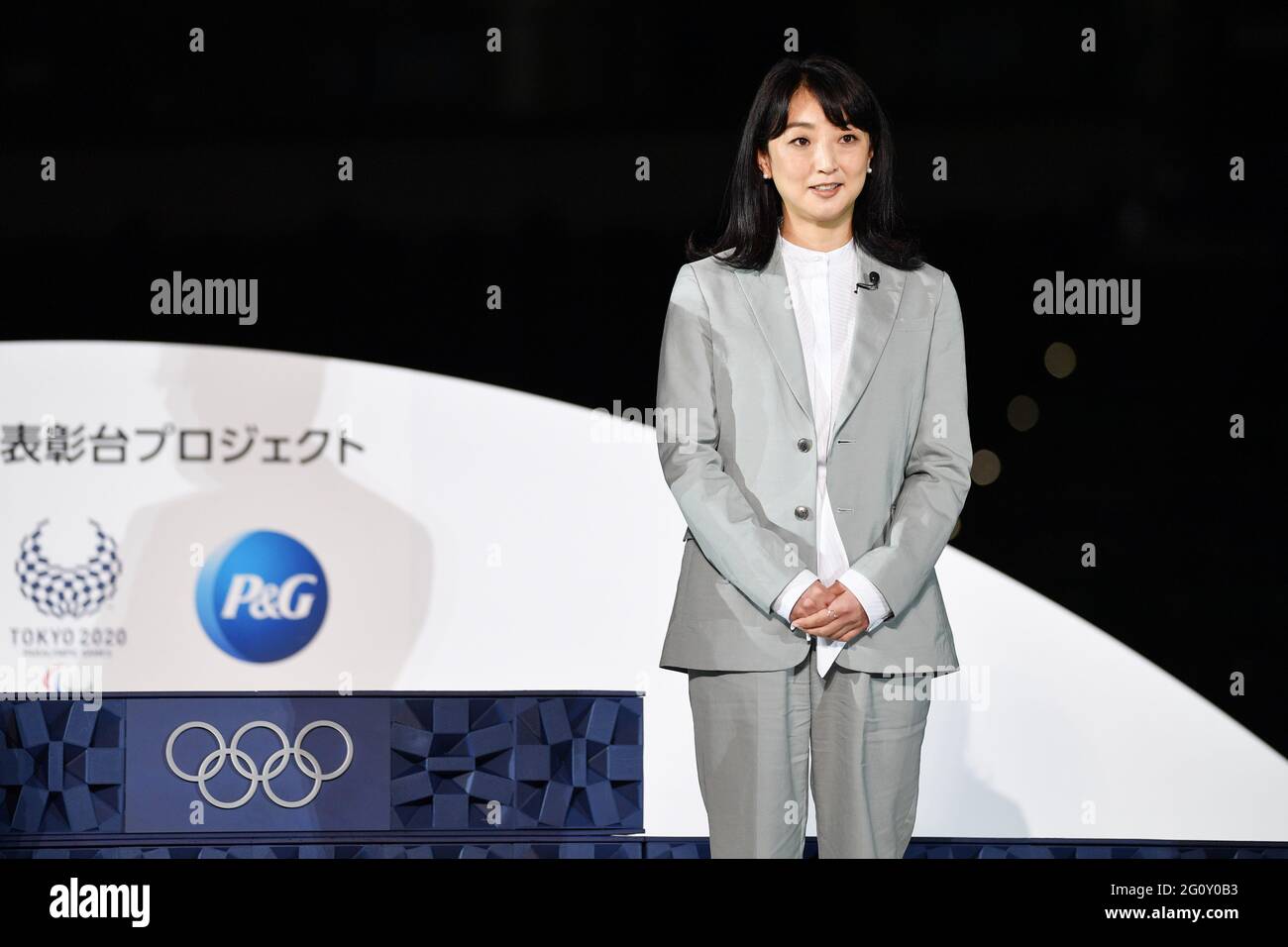 Tokyo, Japan. June 3 2021: Kyoko Iwasaki, JUNE 3, 2021 : The Tokyo Organising Committee of the Olympic and Paralympic Games (Tokyo 2020) unveil the items that will be used during Victory Ceremonies at the Tokyo 2020 Games, at Ariake Arena in Tokyo, Japan. The items include the Podium, Costume, Music which will be played at the Victory Ceremonies and the Medal Tray. Credit: MATSUO.K/AFLO SPORT/Alamy Live News Credit: Aflo Co. Ltd./Alamy Live News Stock Photo