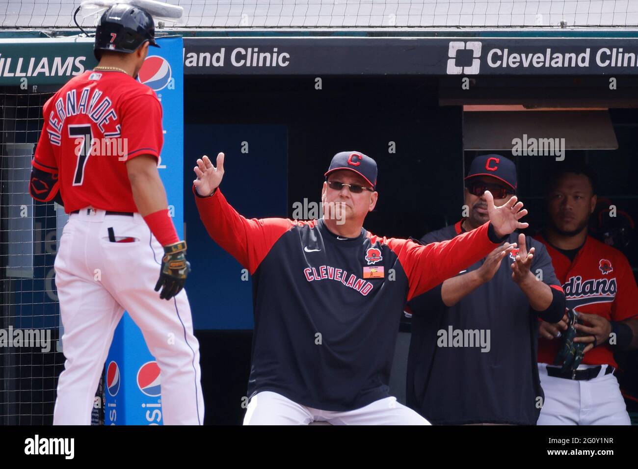 CLEVELAND, OH - MAY 31: Manager Terry Francona of the Cleveland Indians waits to congratulate Cesar Hernandez (7) after his home run during a game aga Stock Photo