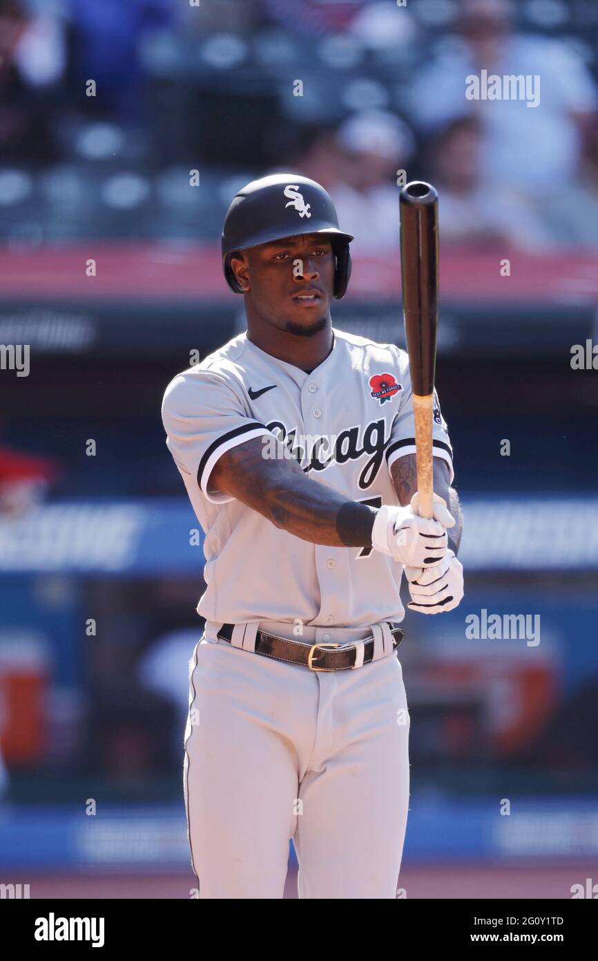 CLEVELAND, OH - MAY 31: Tim Anderson (7) of the Chicago White Sox steps to the plate to bat during a game against the Cleveland Indians at Progressive Stock Photo