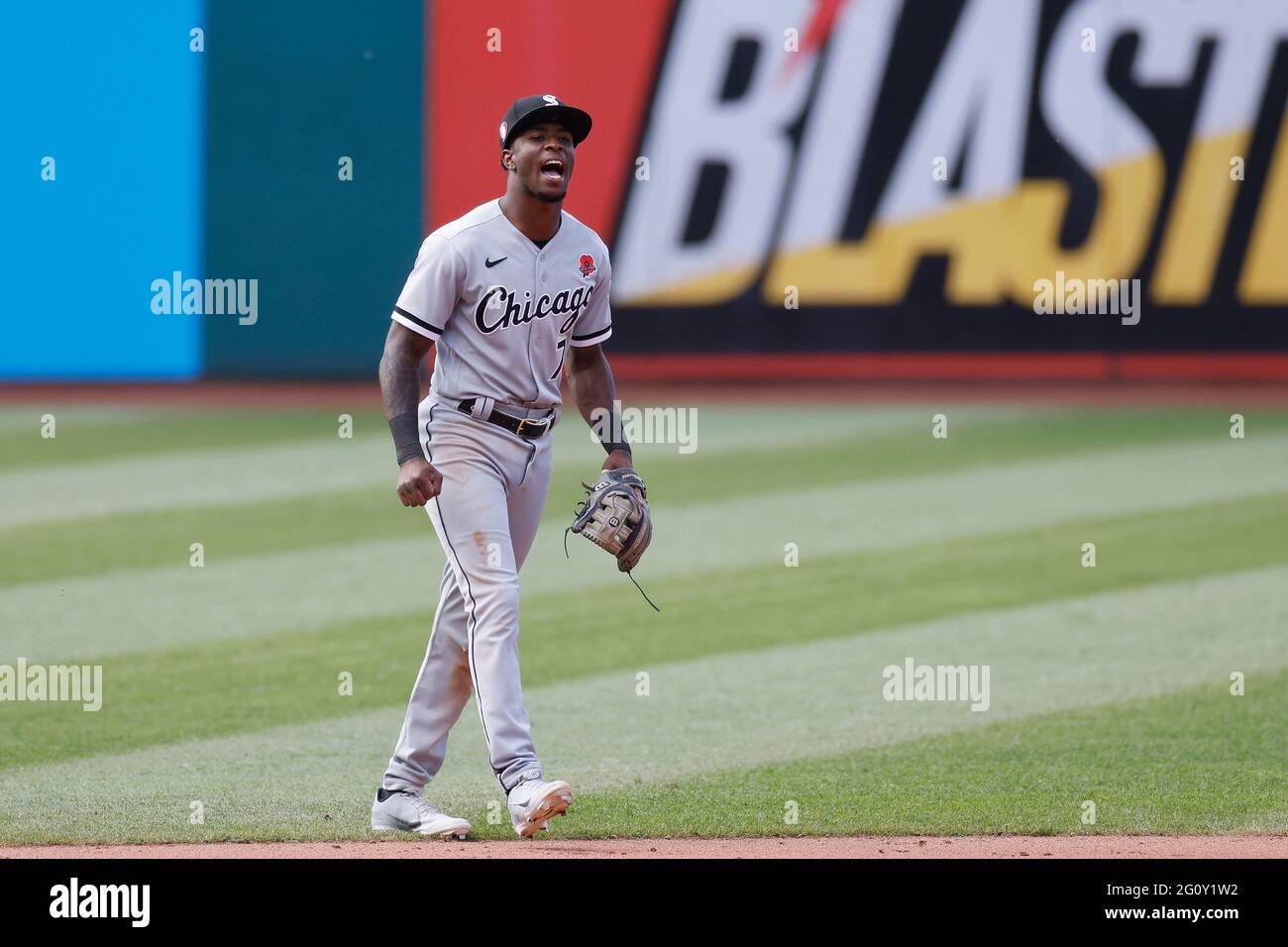 CLEVELAND, OH - MAY 31: Tim Anderson (7) of the Chicago White Sox reacts after the final out of a game against the Cleveland Indians at Progressive Fi Stock Photo