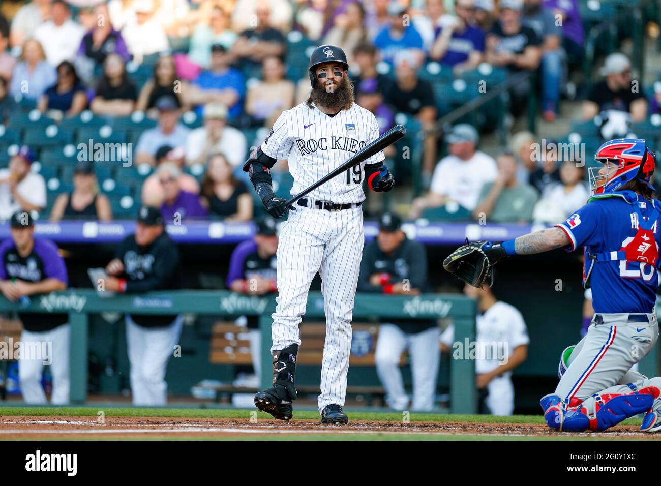 Colorado Rockies outfielder Charlie Blackmon during an MLB regular season game against the Texas Rangers, Wednesday, June 2nd, 2021, in Denver. (Brand Stock Photo