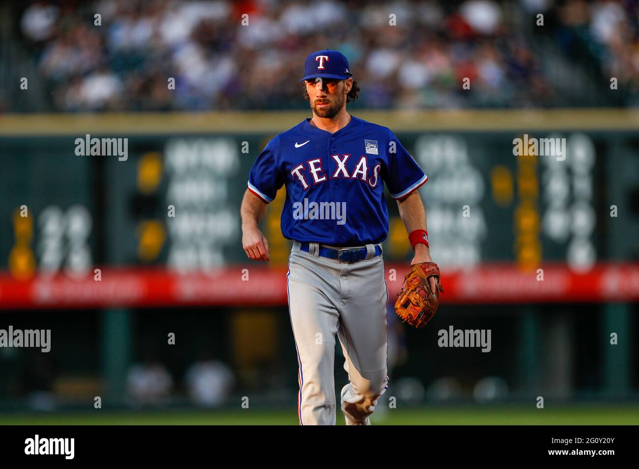 Texas Rangers second basemen Charlie Culberson during an MLB regular season game against the Colorado Rockies, Wednesday, June 2nd, 2021, in Denver. ( Stock Photo