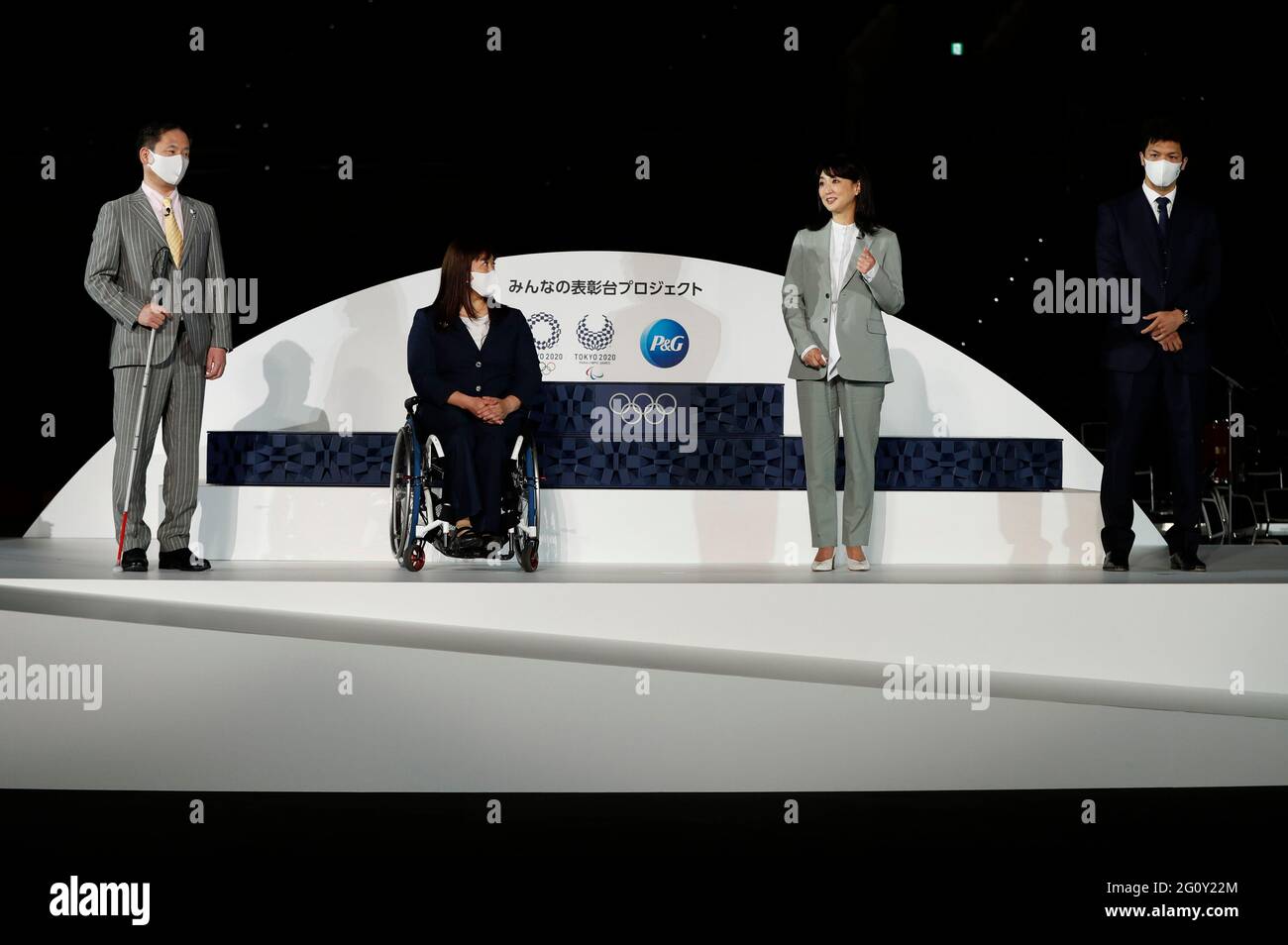 TOKYO, Japan. 3rd June, 2021. Olympians and Paralympians (L-R) Junichi Kawai, Kuniko Obinata, Kyoko Iwasaki and Ryota Murata attend an unveiling event for the elements including podium, music, costume and medal tray that will be used during the victory ceremonies at the Tokyo 2020 Olympic and Paralympic Games at Ariake Arena, in Tokyo, Japan June 3, 2021. Credit: POOL/ZUMA Wire/Alamy Live News Stock Photo