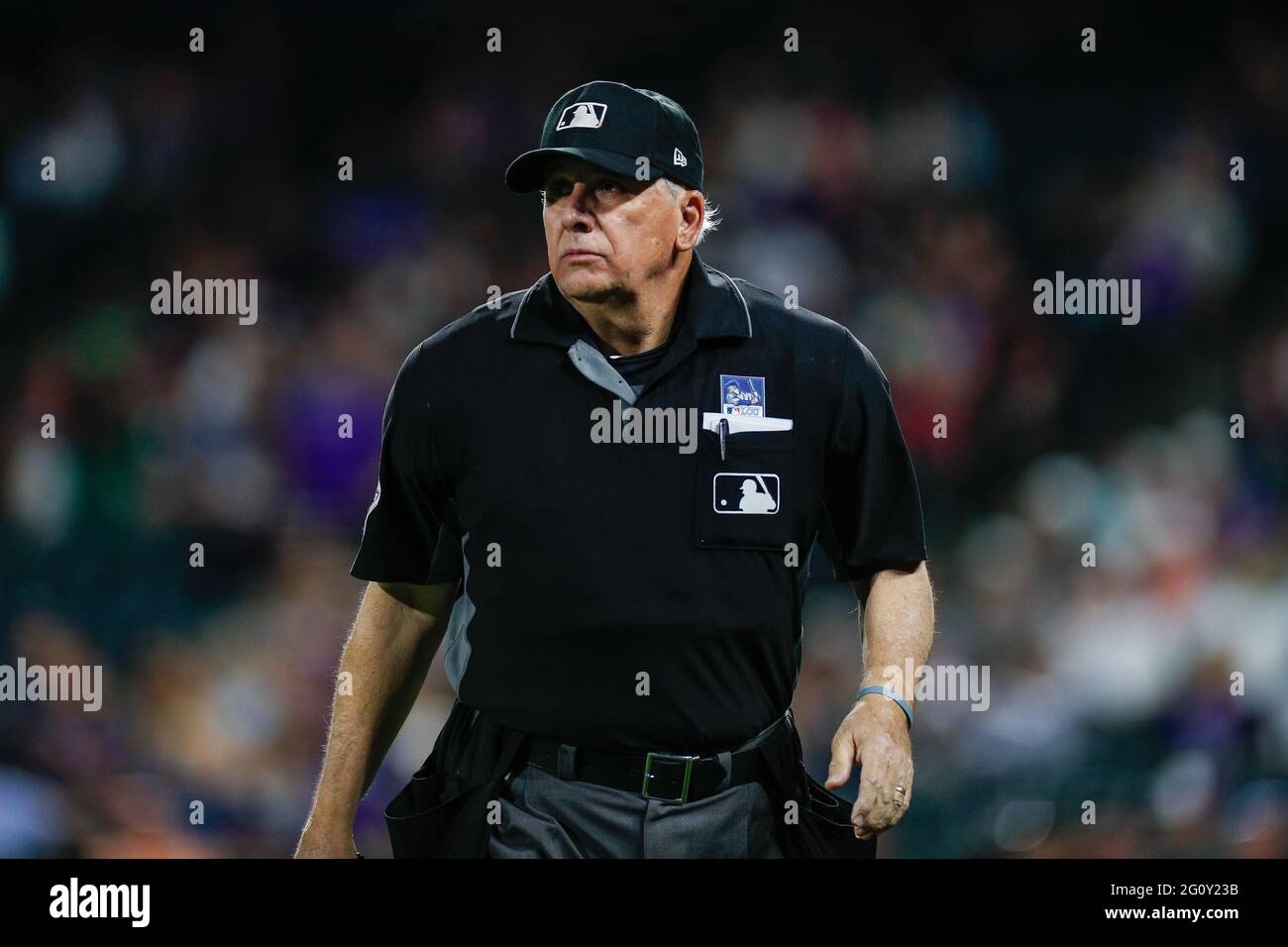 MLB home plate umpire Larry Vanover during an MLB regular season game against the Texas Rangers, Wednesday, June 2nd, 2021, in Denver. (Brandon Sloter Stock Photo