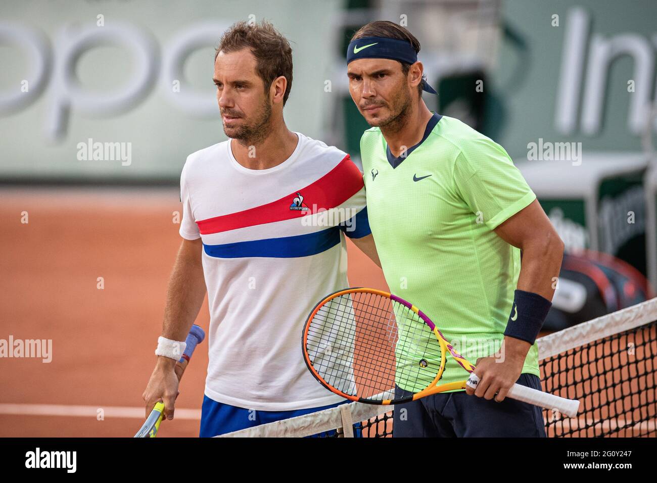 Paris, France. 3rd June, 2021. Rafael Nadal (R) of Spain and Richard Gasquet  of France pose for photos prior to the men's singles second round match at  the French Open tennis tournament