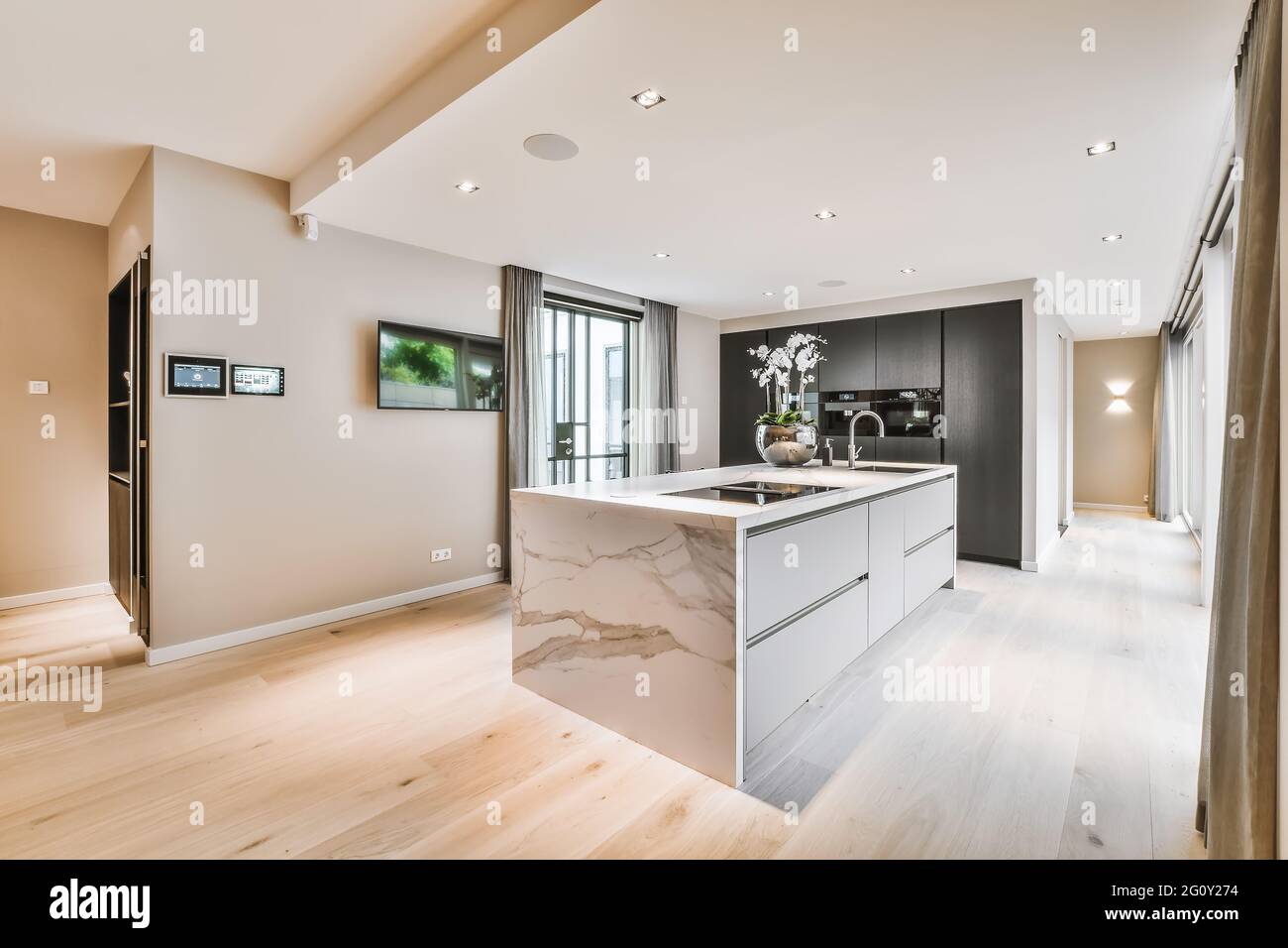 Modern stylish Scandinavian kitchen interior with kitchen accessories.  Bright white and grey kitchen with household items in studio apartment  Stock Photo - Alamy