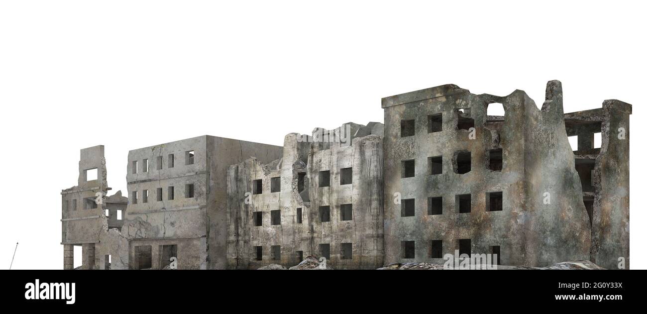3D illustration ruined city building isolated on white Stock Photo - Alamy