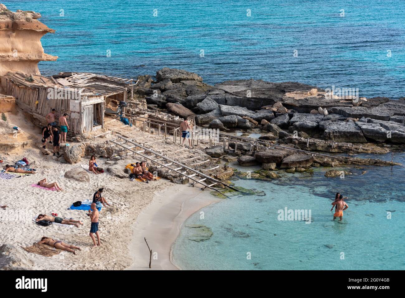 Formentera, Spain : 2021 June 04 : Young people in Formentera beach of Calo  d es Mort in Balearic Islands in summer 2021 Stock Photo - Alamy