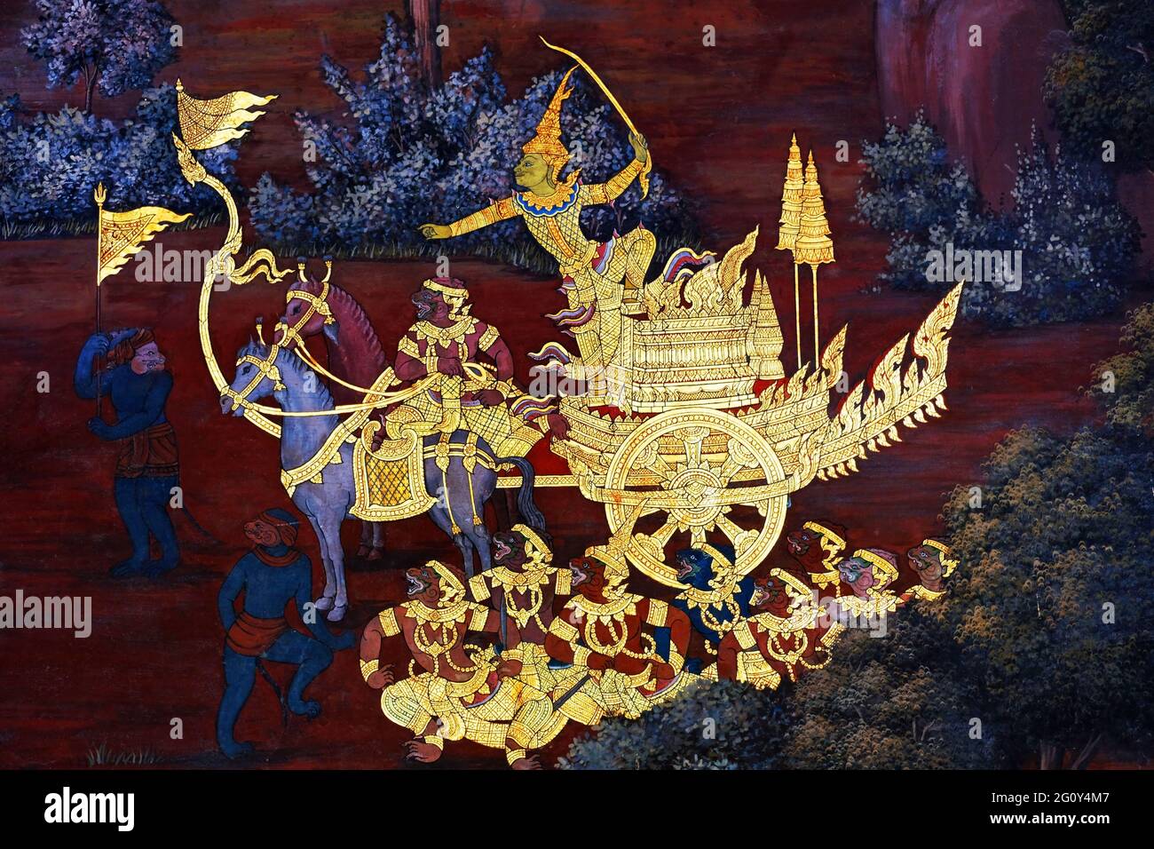 Thai traditional painting art work due to classic literatures on wall at a temple Stock Photo
