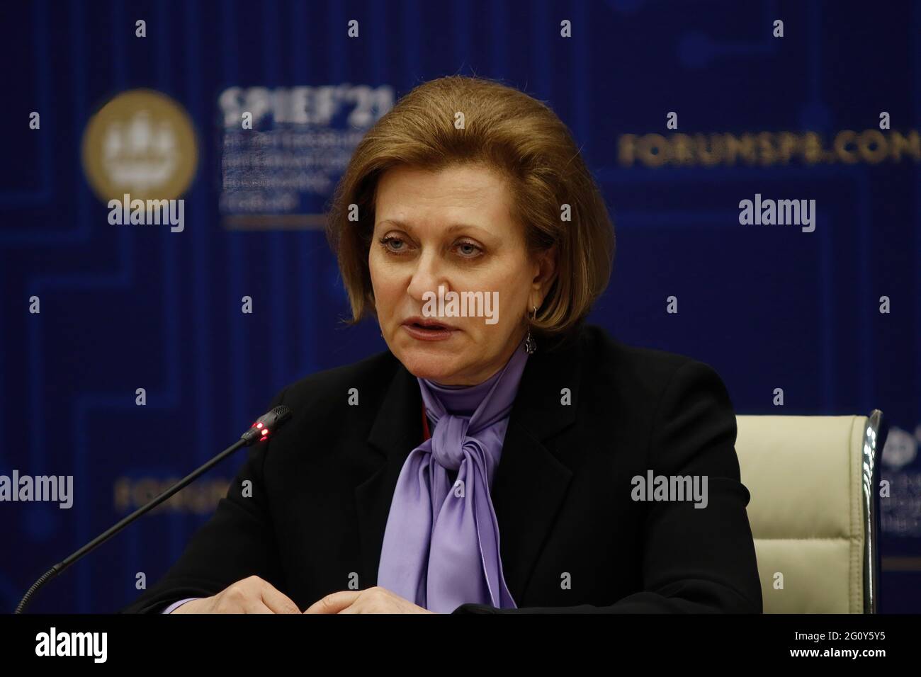 Chief Sanitary Doctor of the Russian Federation, Head of Rospotrebnadzor,  Federal State Sanitary Doctor of the Russian Federation, Anna Popova seen  during the St. Petersburg International Economic Forum. (Photo by Maksim  Konstantinov /