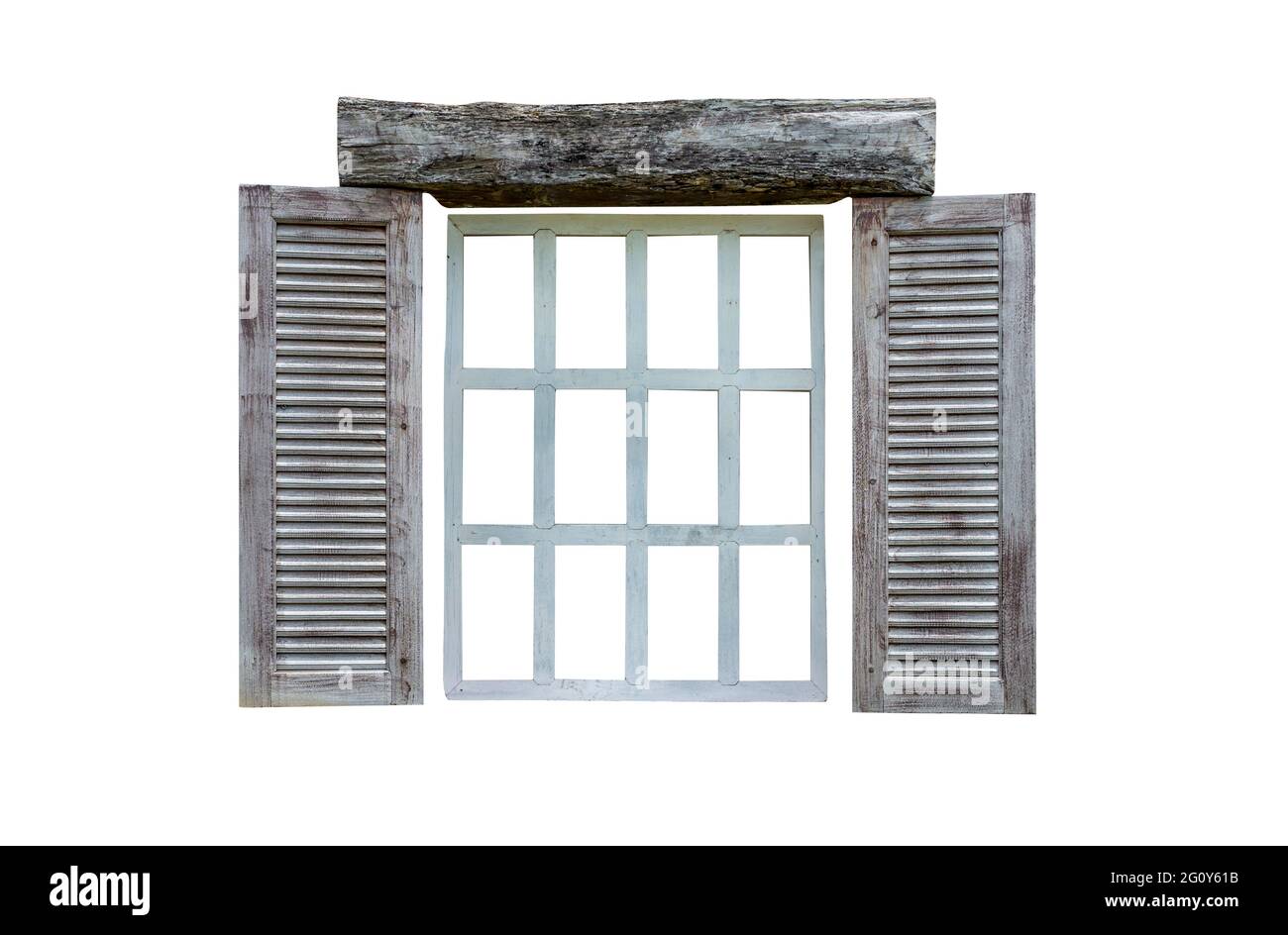 Isolated wooden window frame on white background, twelve panes, old and vintage style wooden window, old by weather condition. Stock Photo