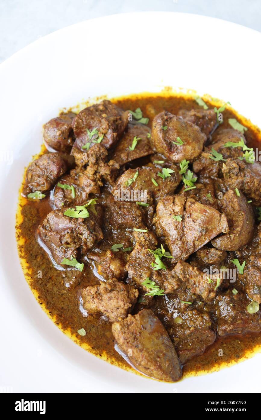 Chicken Liver Masala or Kaleji fry garnished with coriander. Liver fry