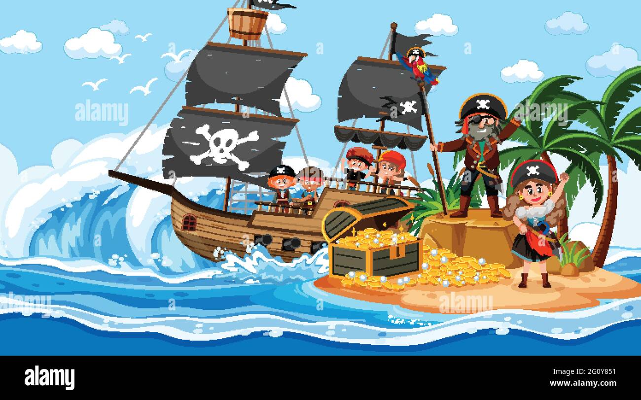 Treasure Island scene at daytime with Pirate kids illustration Stock ...