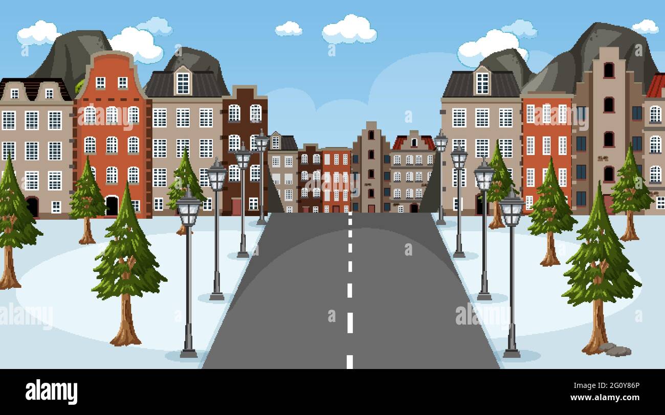 Winter scene with long road through the park to the city illustration ...