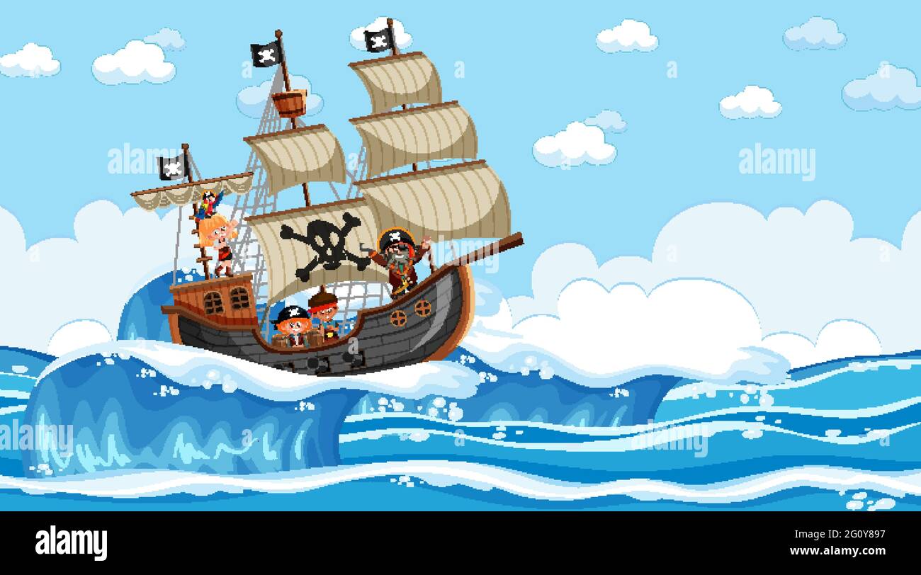 Beach with Pirate ship at daytime scene in cartoon style illustration ...