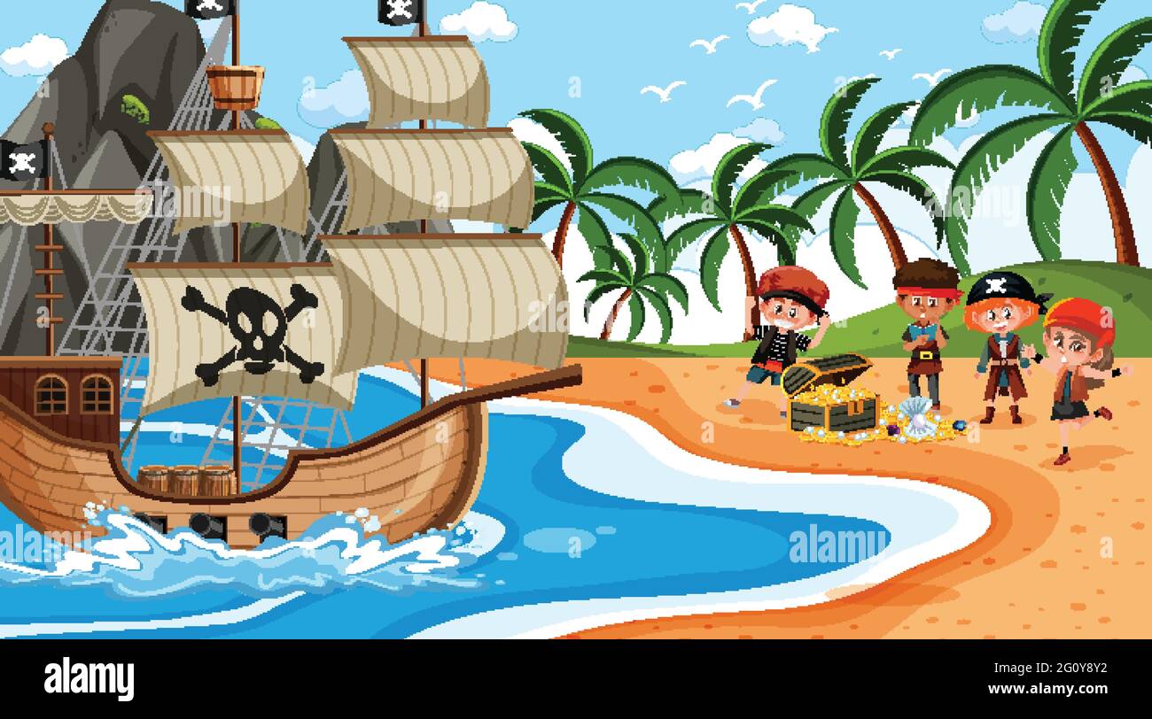 Treasure Island scene at daytime with Pirate kids illustration Stock ...
