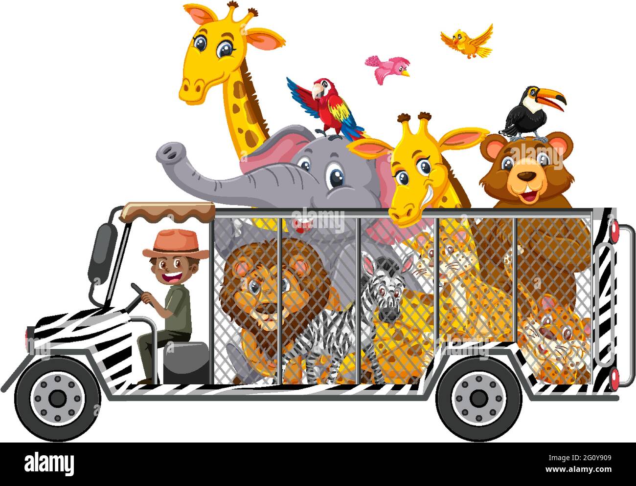 Zoo concept with wild animals in the car isolated on white background