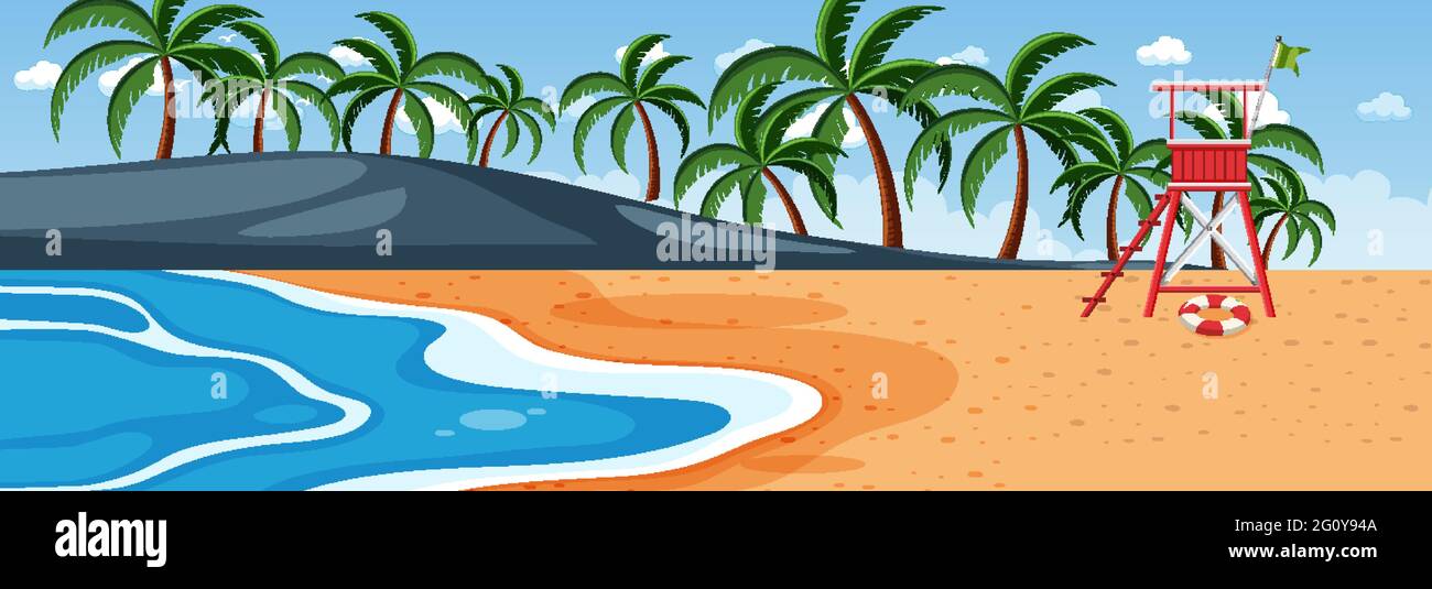 Beach horizontal scene at day time with many palm trees illustration ...