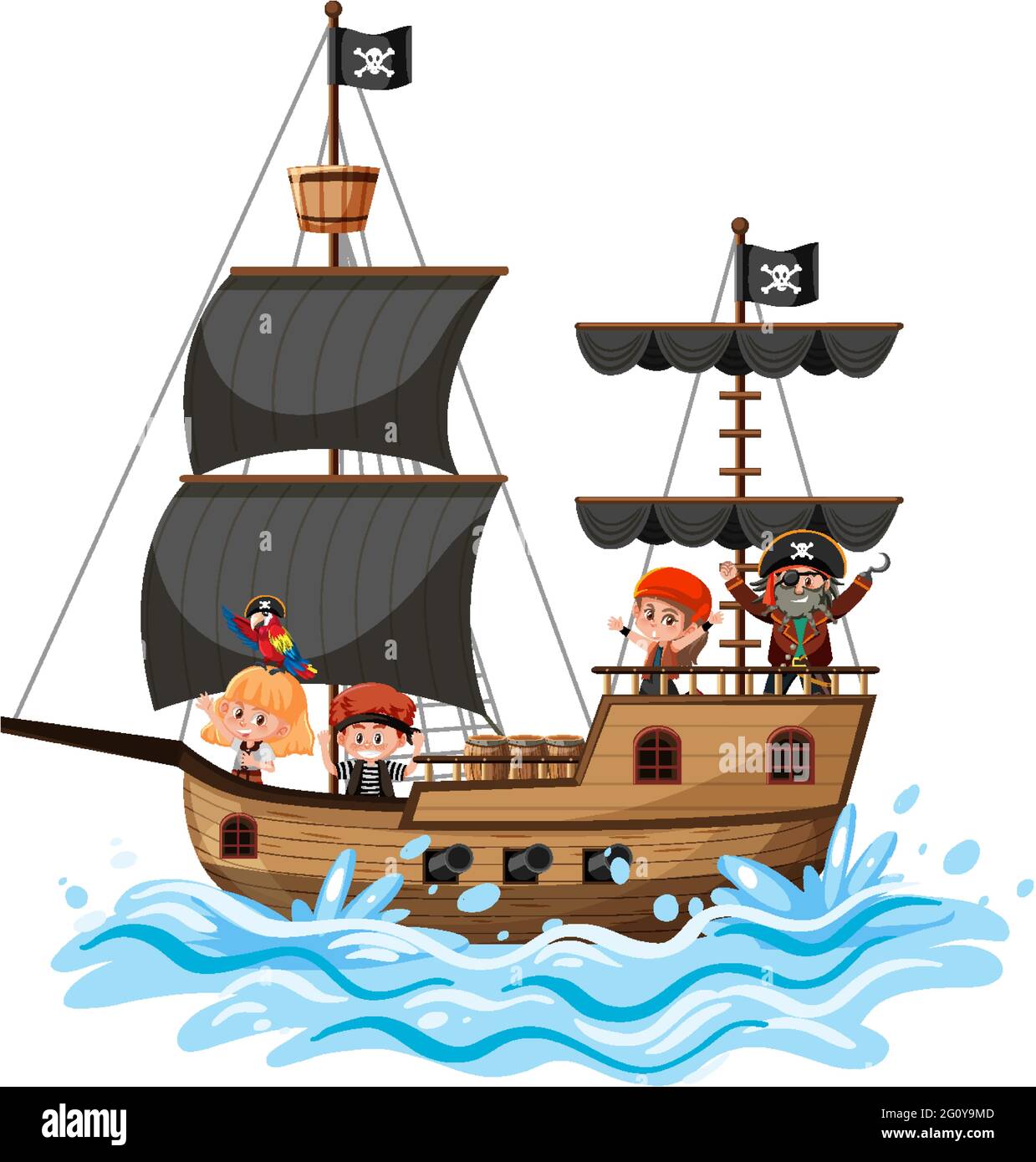 Pirate ship on ocean wave with many kids isolated on white background  illustration Stock Vector Image & Art - Alamy