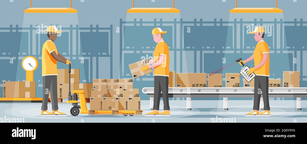 Conveyor Belt Machine Concept in Warehouse. Stock Vector