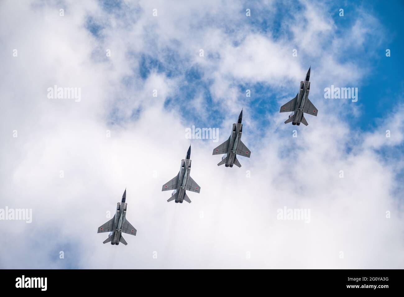 Moscow, Russia - May, 05, 2021: Four MIG-31K, Foxhound, with Kh-47M2 Kinzhal missle flying over Red Square during the preparation of the May 9 parade. Stock Photo