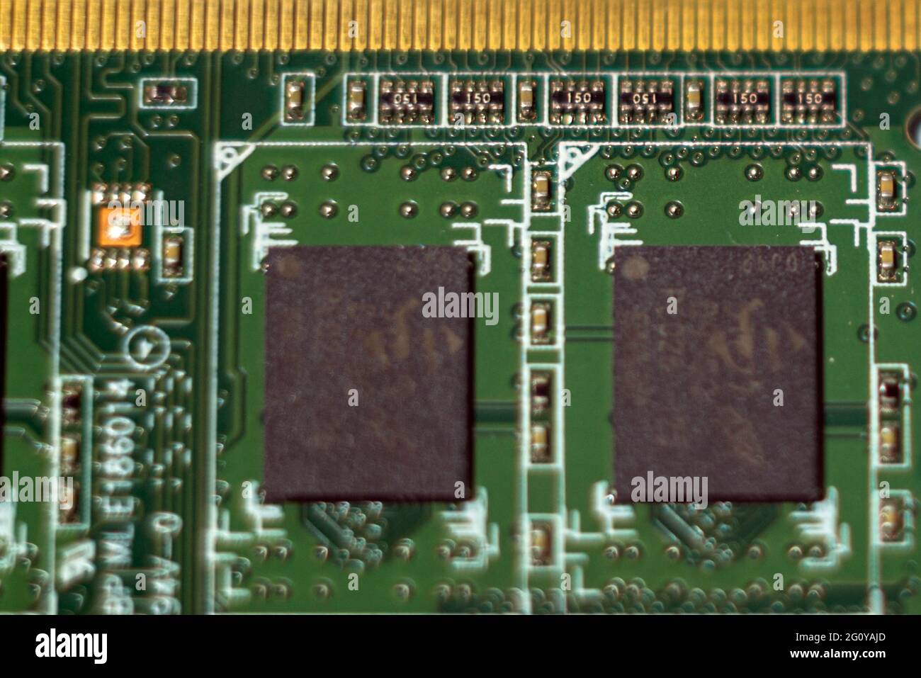 Details of computer memory computer RAM, system, main memory, random access memory, internal memory, onboard, computer detail, closeup. Stock Photo