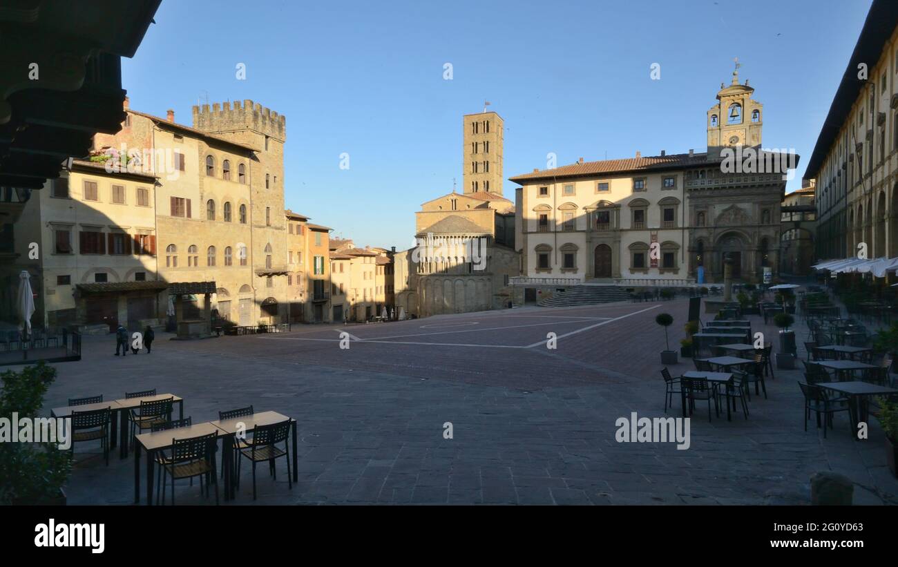 panoramic view of Piazza Grande, ancient square of Arezzo city at the ...