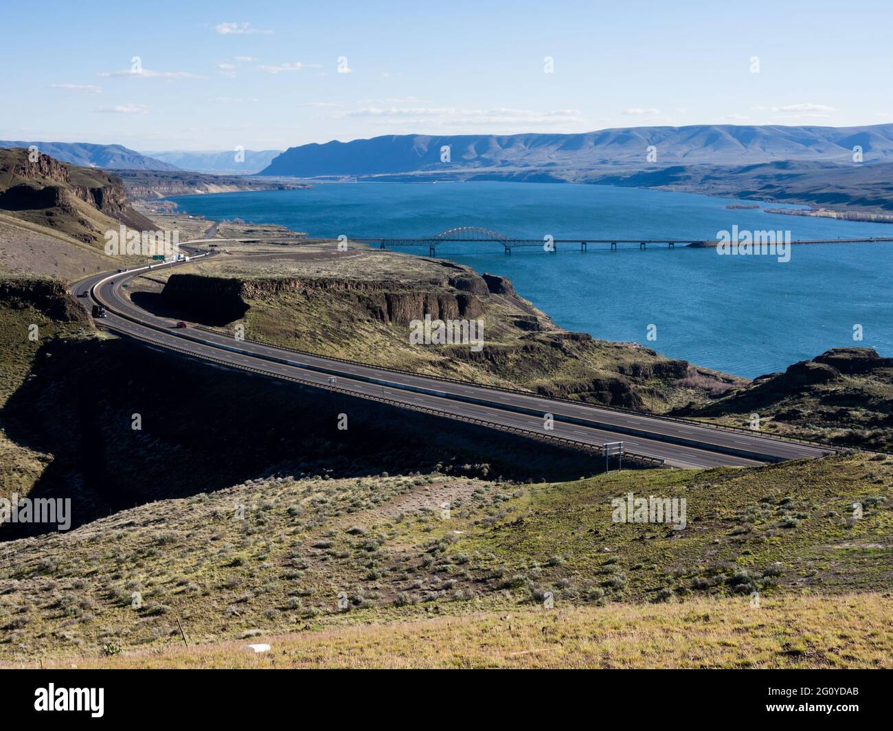 VIew of Columbia river and I-90 Vantage bridge in Washintong state from Wild Horse viewpoint Stock Photo