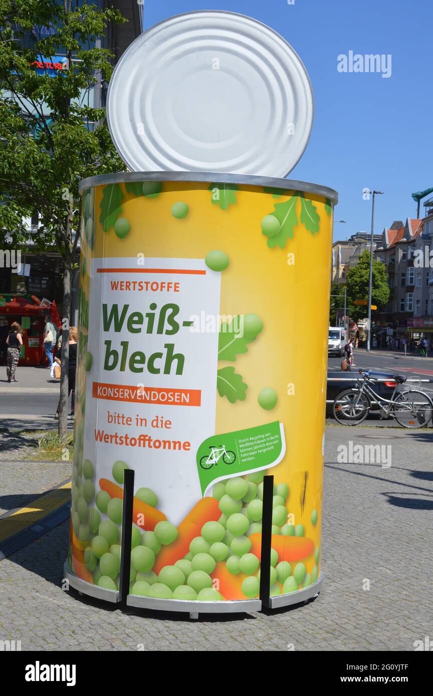 Advertisement for tinplate can in Steglitz, Berlin, Germany - 3rd June 2021. Stock Photo