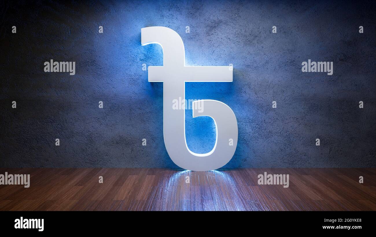 Symbol of Bangladeshi taka  glowing in empty concrete room as currency sign，3D Rendering Stock Photo