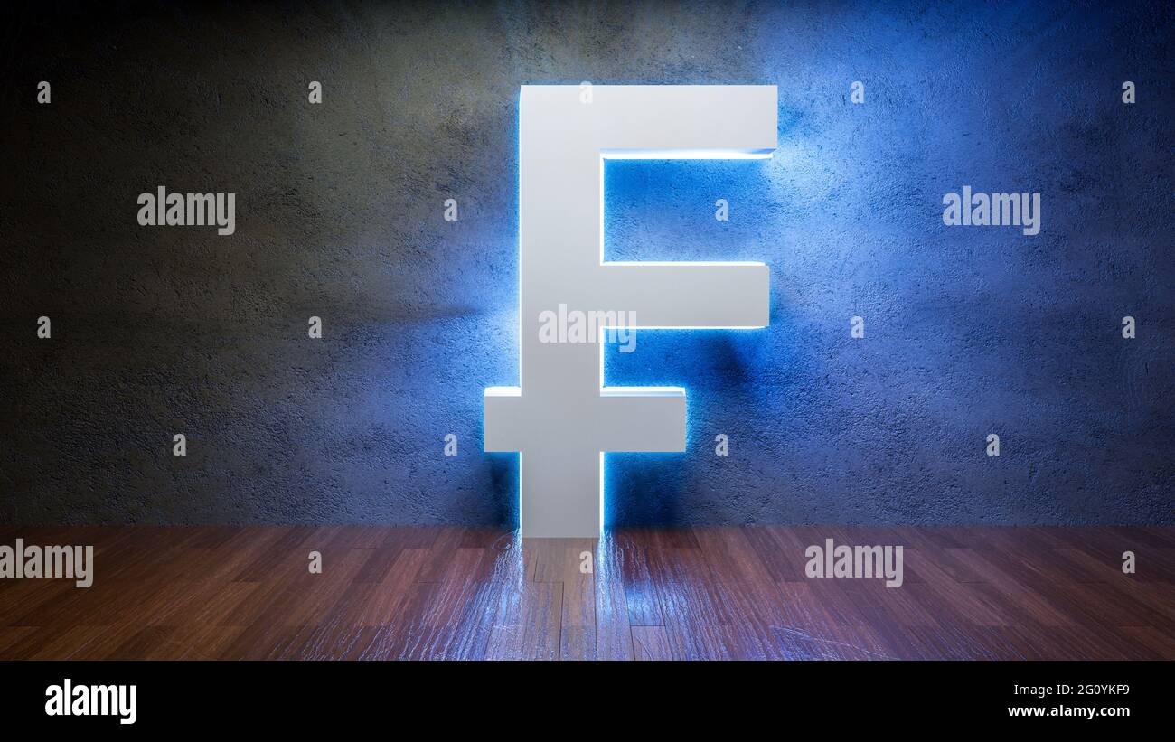 Symbol of CFP franc glowing in empty concrete room as currency sign，3D Rendering Stock Photo