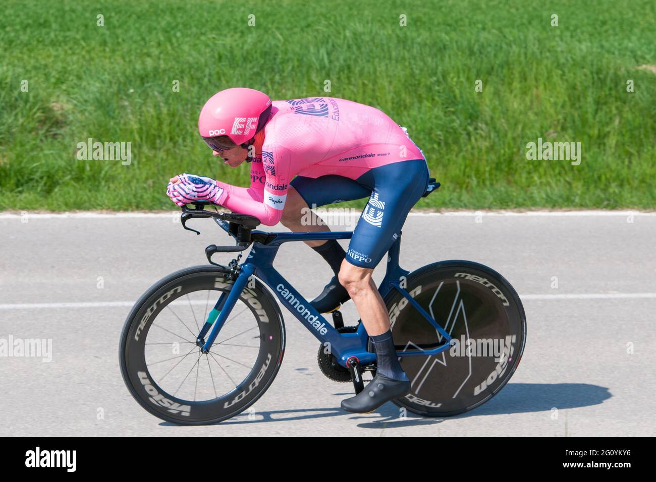 Tejay van garderen (EF education team - Nippo) seen in action during an individual time trial.The Tour of Catalonia Cycling 2021 took place from March 22 to March 28, 2021. The second stage on March 23, 2021 is a time trial of 18.5 kilometers in the town of Banyoles (Spain). The winner of this stage is the Australian Rohan Dennis (Team Ineos Grenadiers). The winner of the final general classification is the British Adam Yates (Team Ineos Grenadier) Stock Photo