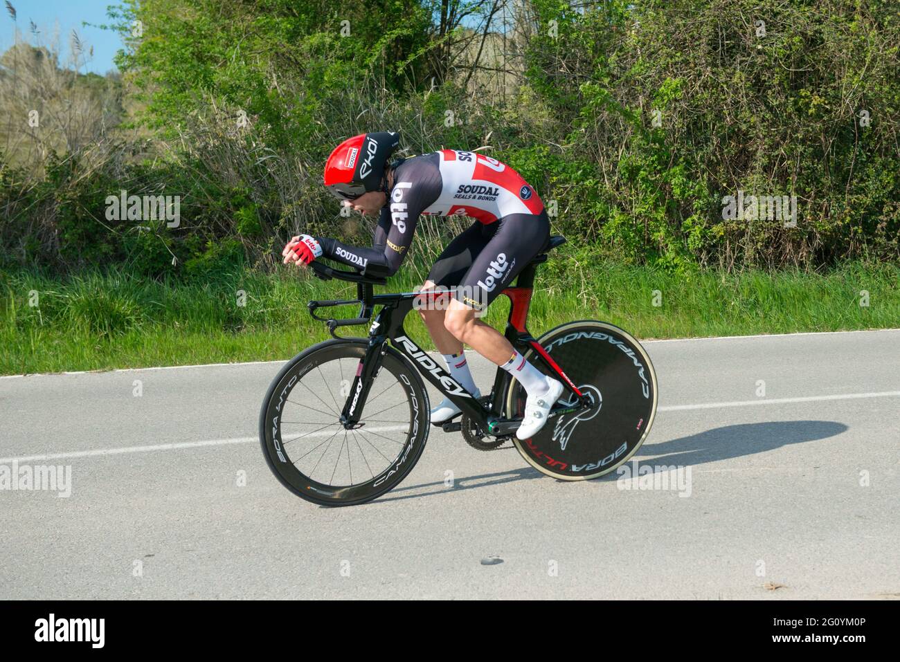 Cras Steff (Team Lotto Soudal) seen in action during an individual time trial.The Tour of Catalonia Cycling 2021 took place from March 22 to March 28, 2021. The second stage on March 23, 2021 is a time trial of 18.5 kilometers in the town of Banyoles (Spain). The winner of this stage is the Australian Rohan Dennis (Team Ineos Grenadiers). The winner of the final general classification is the British Adam Yates (Team Ineos Grenadier). Stock Photo