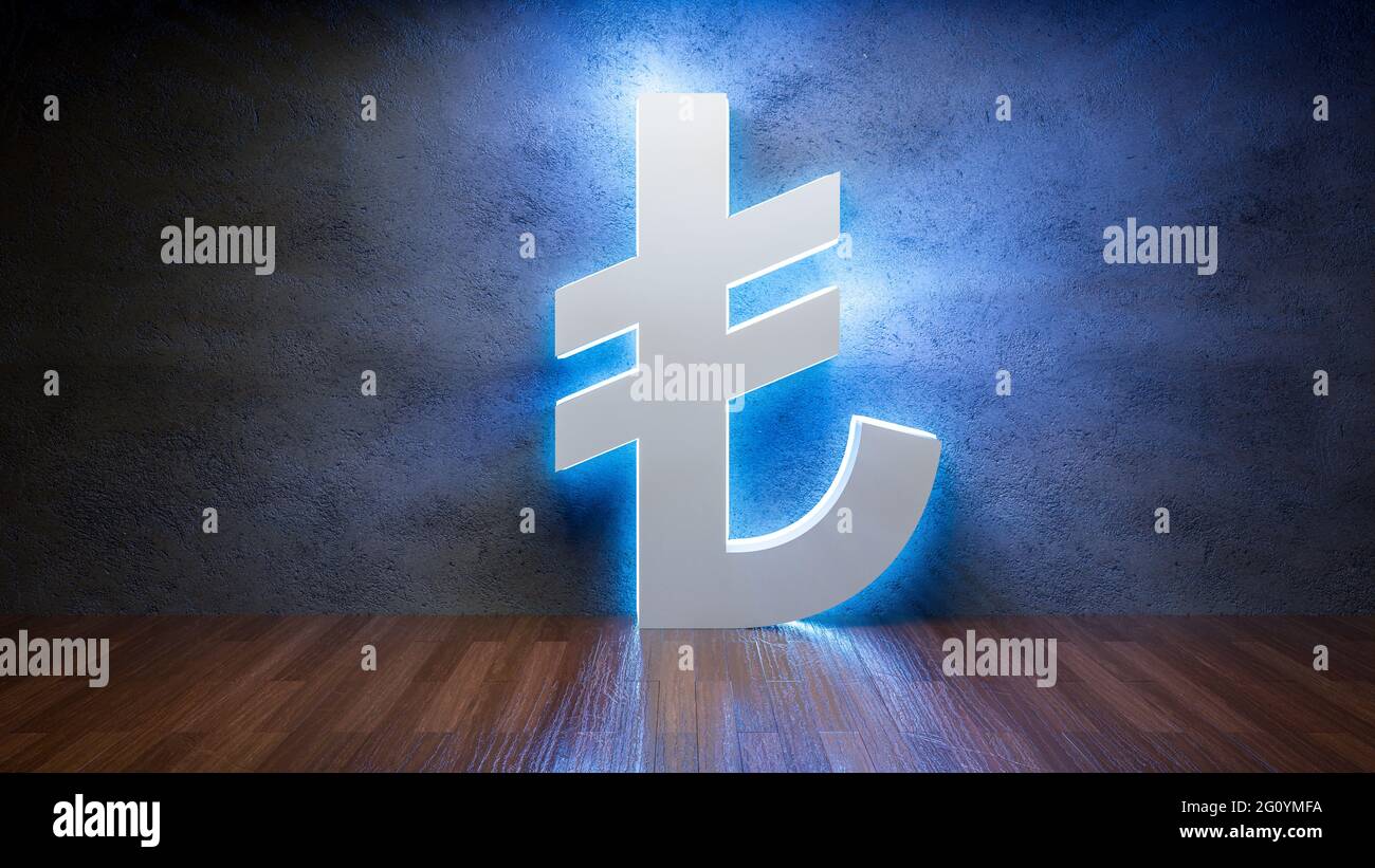 Symbol of Turkish lira glowing in empty concrete room as currency sign，3D Rendering Stock Photo