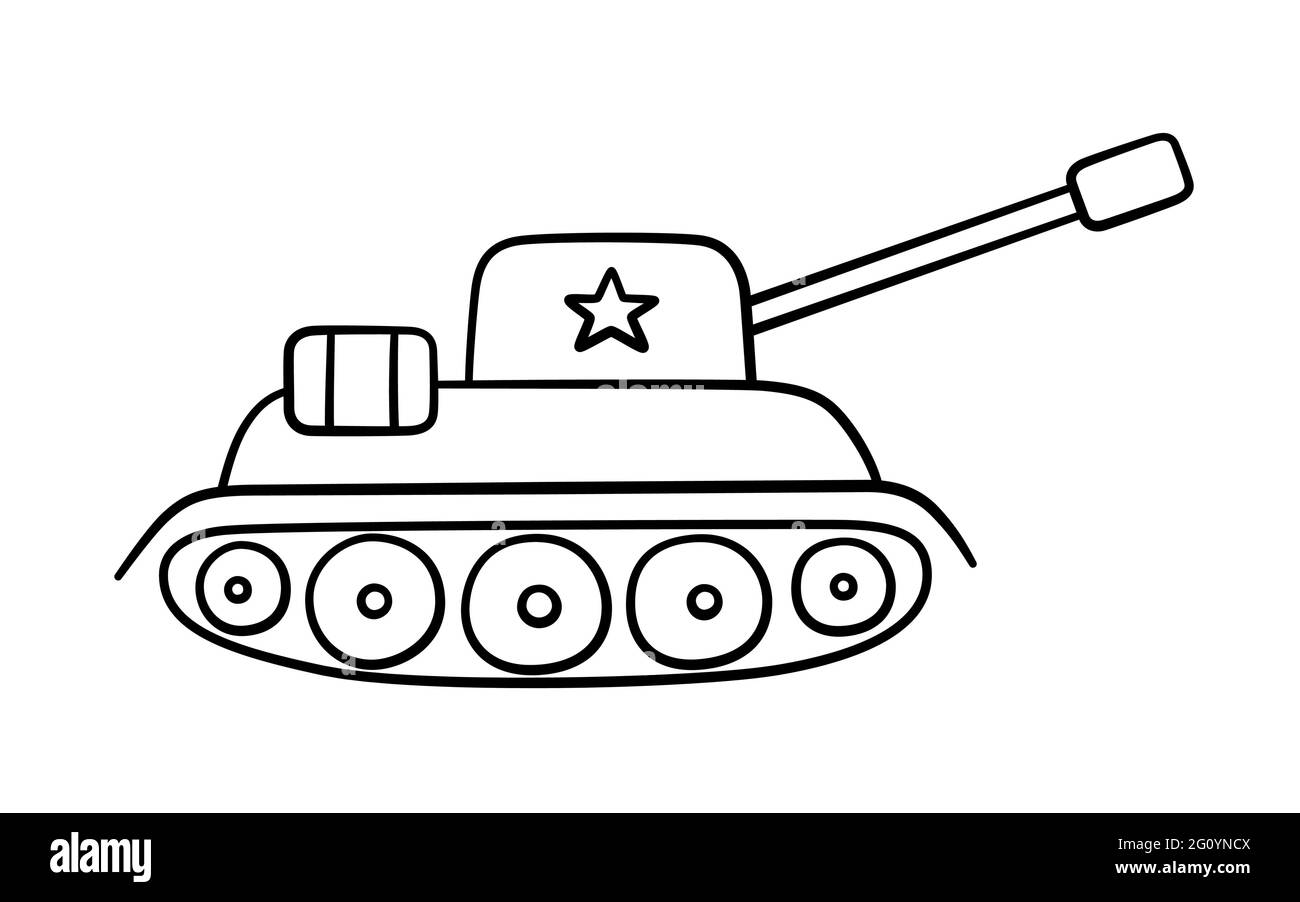 Hand drawn military tank with star. Children drawing of a war tank. Vector illustration isolated on white background Stock Vector
