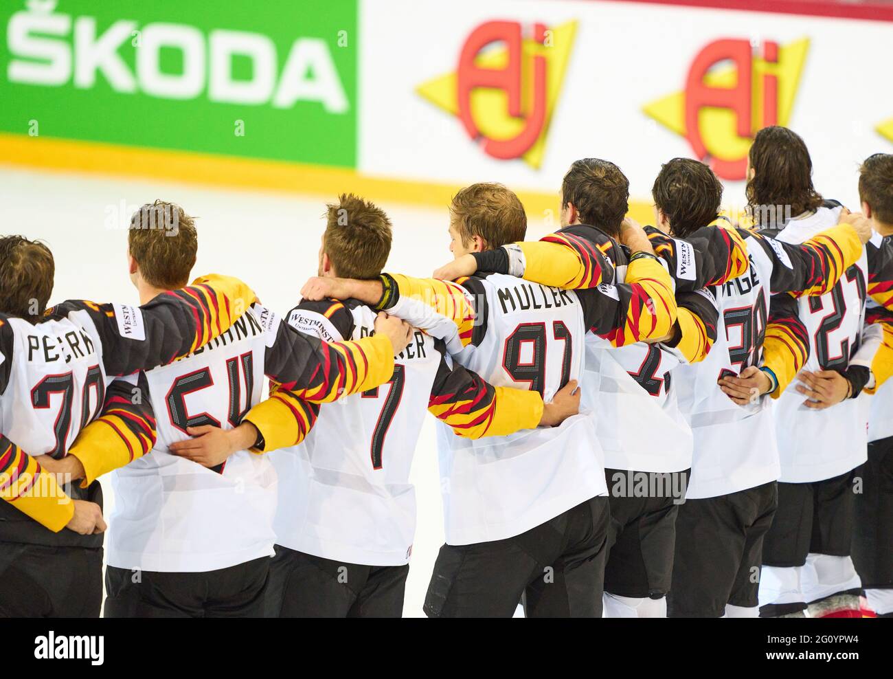 Riga, Latvia. 03rd June, 2021. Team Germany Hymne, Nationalhymne, Umarmung, Moritz Müller, Mueller #91 of Germany SWITZERLAND - GERMANY 2-3 n.P. IIHF ICE HOCKEY WORLD CHAMPIONSHIPS Quarterfinal, in Riga, Latvia, Lettland, June 3, 2021, Season 2020/2021 Credit: Peter Schatz/Alamy Live News Stock Photo