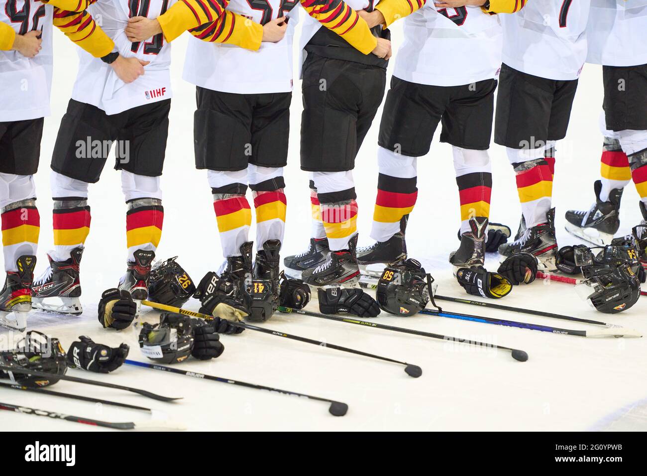 Riga, Latvia. 03rd June, 2021. Team Germany Hymne, Nationalhymne, Umarmung, SWITZERLAND - GERMANY 2-3 n.P. IIHF ICE HOCKEY WORLD CHAMPIONSHIPS Quarterfinal, in Riga, Latvia, Lettland, June 3, 2021, Season 2020/2021 Credit: Peter Schatz/Alamy Live News Stock Photo