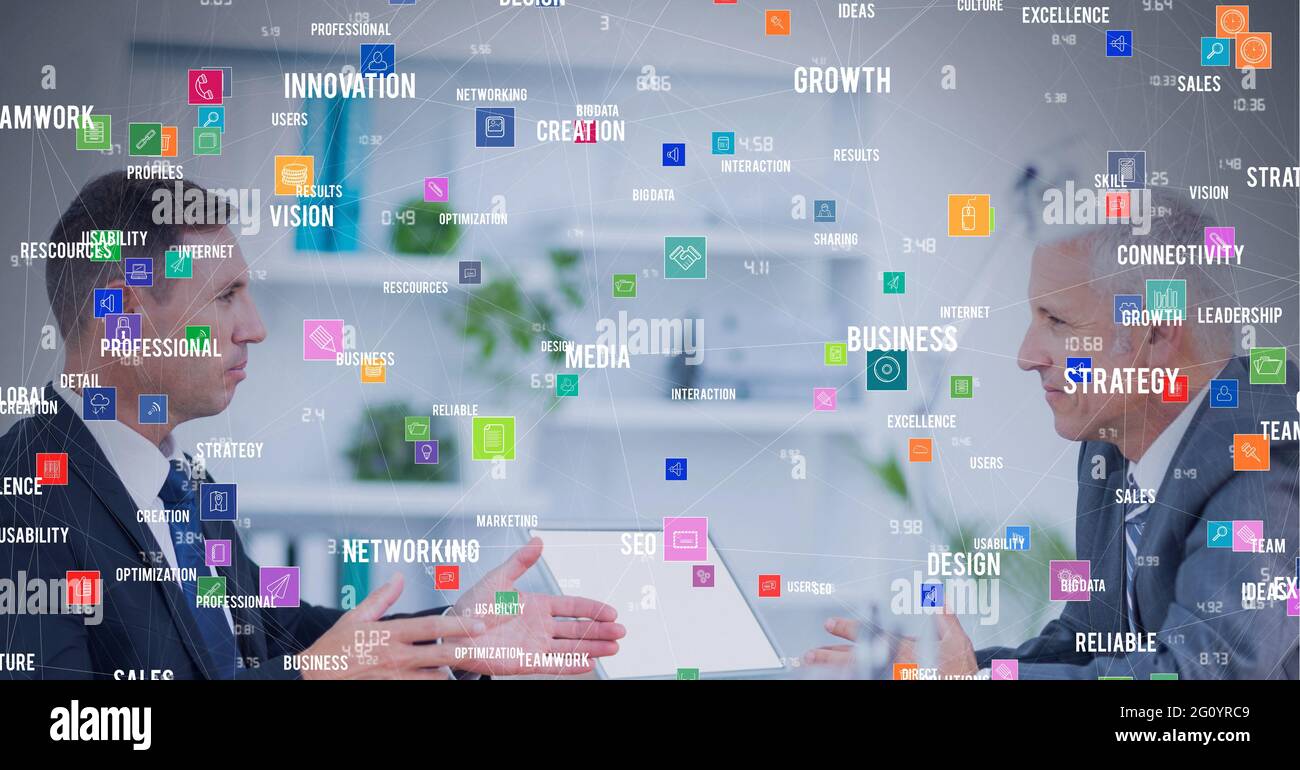 Composition of network of connections with icons over businessmen ...