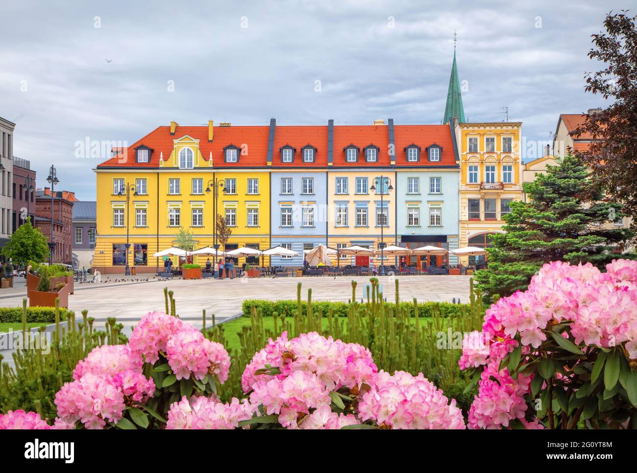 Bydgoszcz, Poland. View of Old Market (Stary Rynek) square with flowers on foreground Stock Photo
