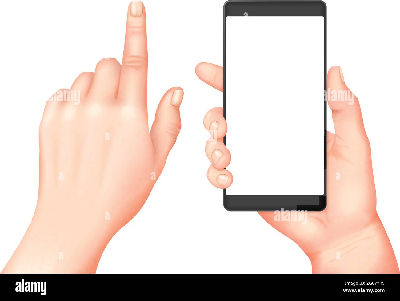 Hands holding smartphone with blank screen isolated on white background ...