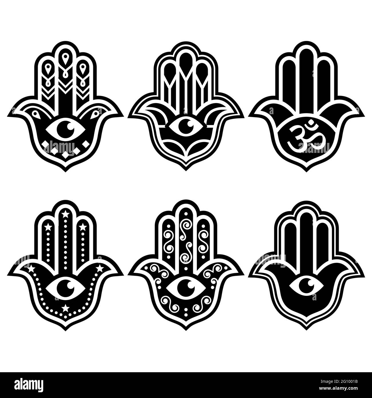 Hamsa hand with evil eye geometric vector design set - symbol of protection, spirituality in white on black background Stock Vector