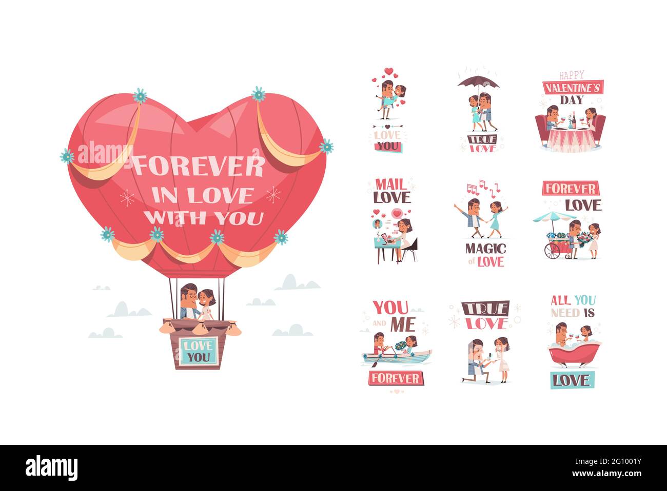 couple in love flying in hot air balloon set girlfriend and boyfriend ...
