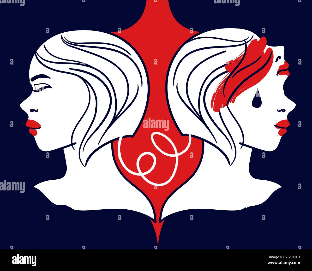 Portrait of woman with bipolar disorder. Happy and depressed faces - surreal metaphor. Female mental health - elegant line art, red accents Stock Vector