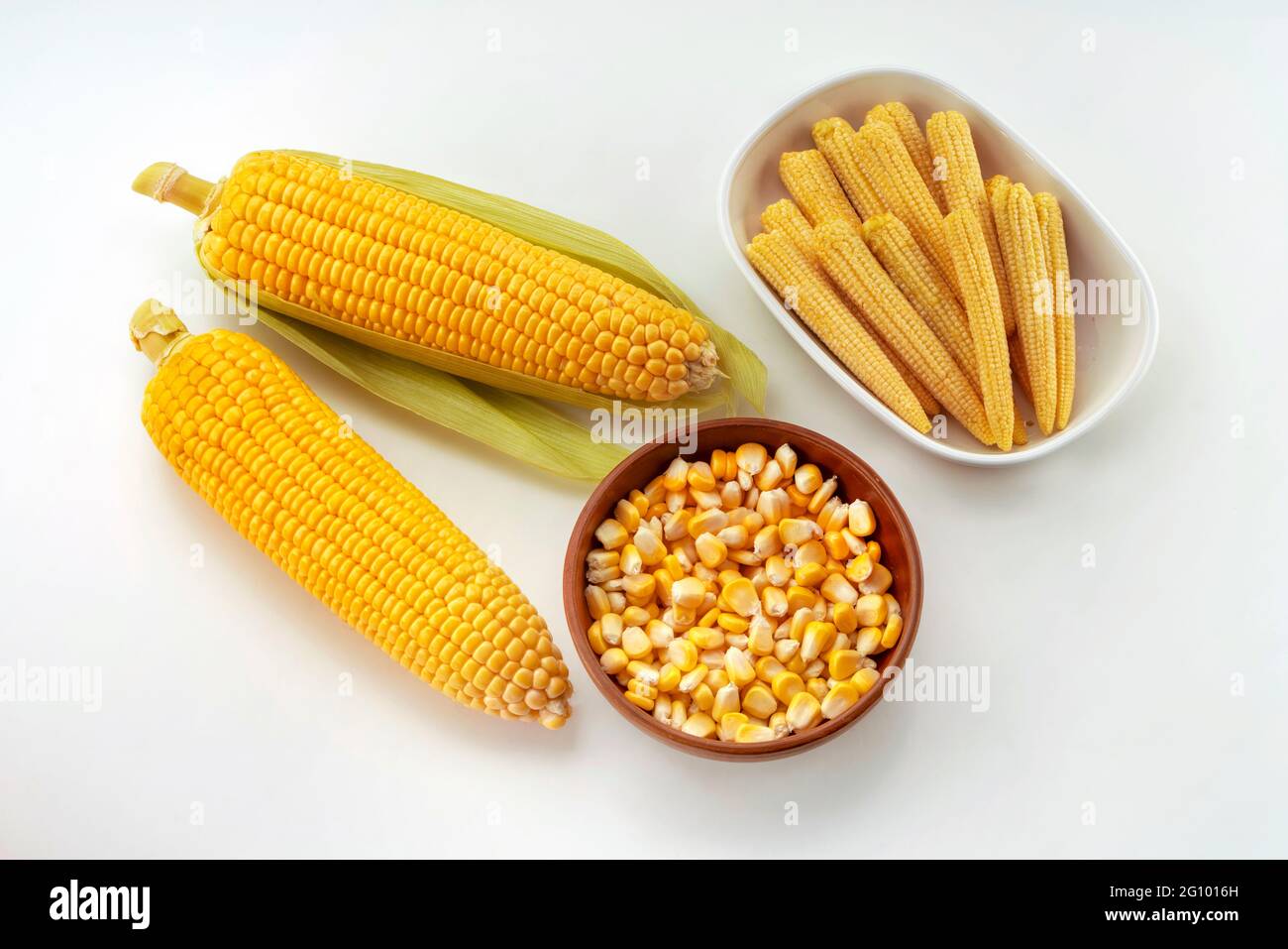 Closeup top view of two Sweet Corns,Maize,Zea Mays,with baby corns in white dish and seeds in wooden bowl against  white background . Stock Photo