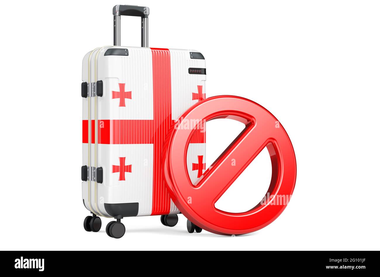 Entry Ban. Suitcase with flag and prohibition sign. 3D