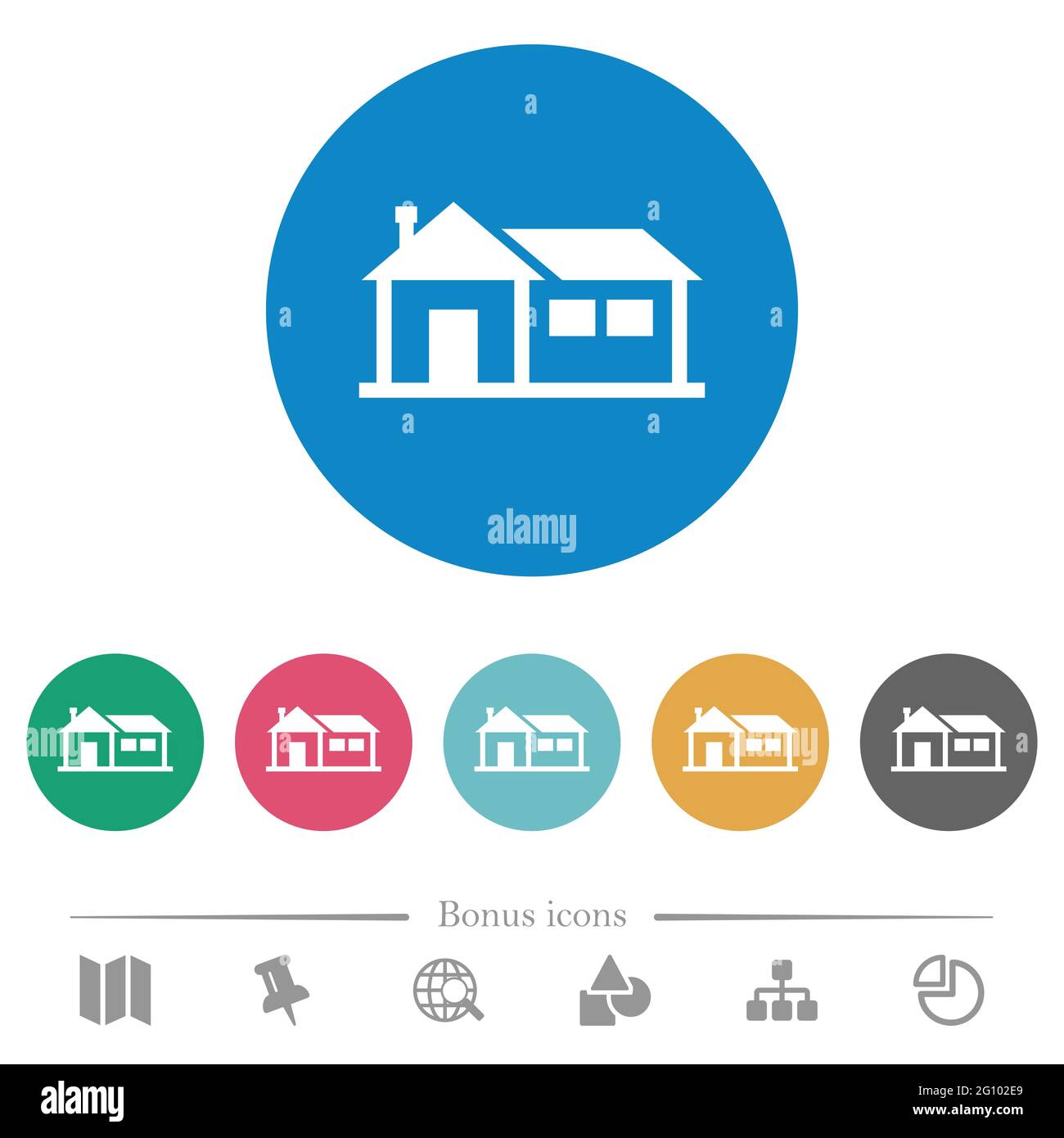 Family house flat white icons on round color backgrounds. 6 bonus icons ...