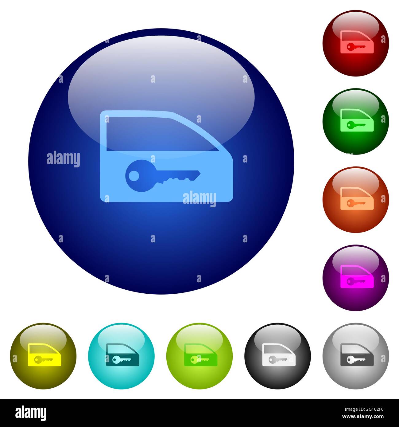 Car door lock icons on round glass buttons in multiple colors. Arranged